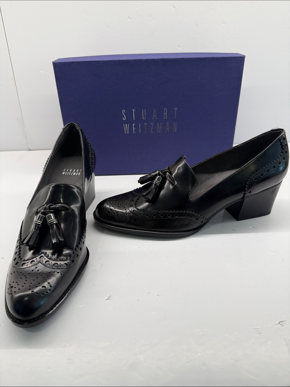 Stuart Weitzman Black Leather Tassel Brogue Pumps